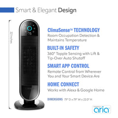 Lasko AR122 Aria™ 22" Ceramic Tower Heater (3 heat settings, remote, timer, black)