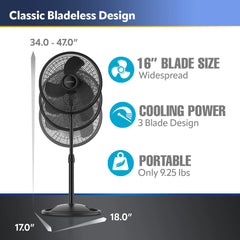 Lasko S16500 16" Oscillating 3 Speed Pedestal Fan: black