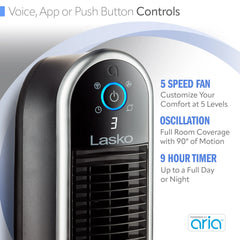 Lasko T407 Aria™ 40" Tower (5-speed, remote, timer, black)