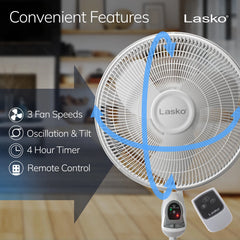 Lasko 16" 3-speed Pedestal Fan with Remote & Timer (white, model 1646)
