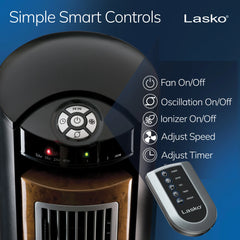 Lasko 42" Wind Curve 3-Speed Tower Fan with Fresh Air Ionizer and Remote, T42950, Black/Woodgrain