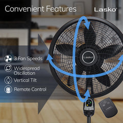 Lasko Cyclone® 18" 3-speed Pedestal Fan with Remote & Timer (black, model 1843)