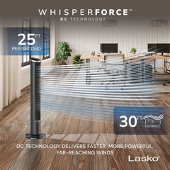 Lasko TDC42 WhisperForce™ DC 42" Tower Fan (12-speed, remote, black/silver)