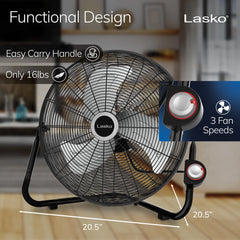 Lasko 20" Max Performance High Velocity Floor Fan with Wall Mount Option and 3 Speeds, 2264QM, Black