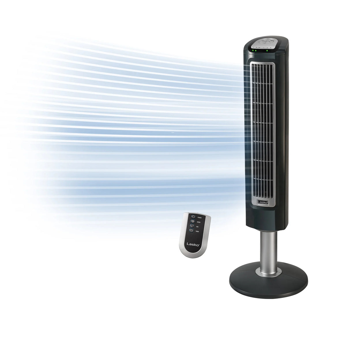 Lasko 32" Wind Tower 3-Speed Oscillating Tower Fan with Remote and Timer, 2519, Gray