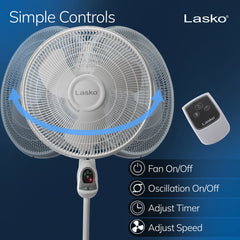Lasko 16" 3-speed Pedestal Fan with Remote & Timer (white, model 1646)
