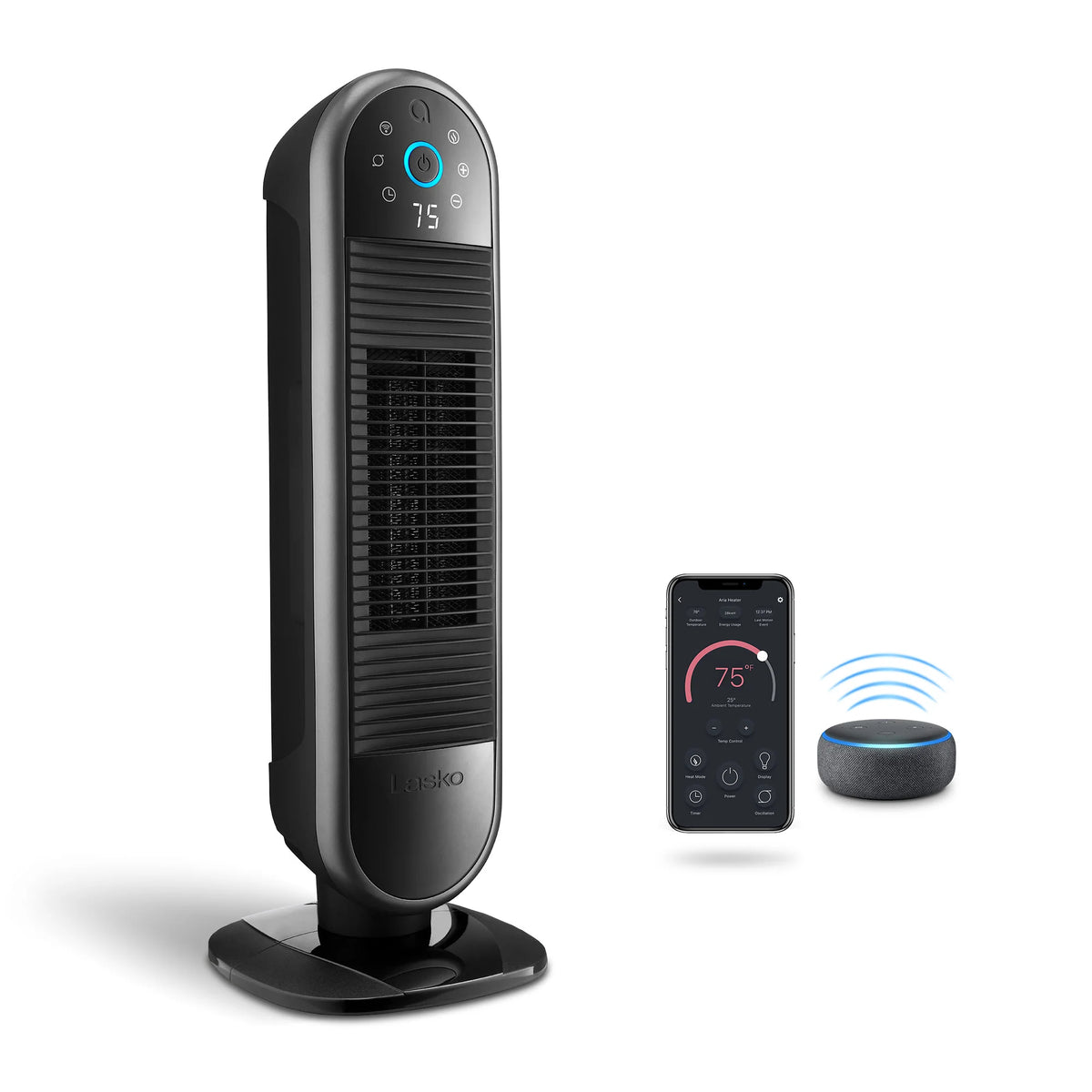 Lasko AR122 Aria™ 22" Ceramic Tower Heater (3 heat settings, remote, timer, black)