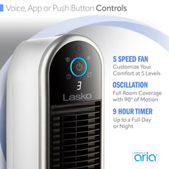 Lasko T407 Aria™ 40" Tower (5-speed, remote, timer, white)