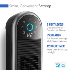 Lasko AR122 Aria™ 22" Ceramic Tower Heater (3 heat settings, remote, timer, black)